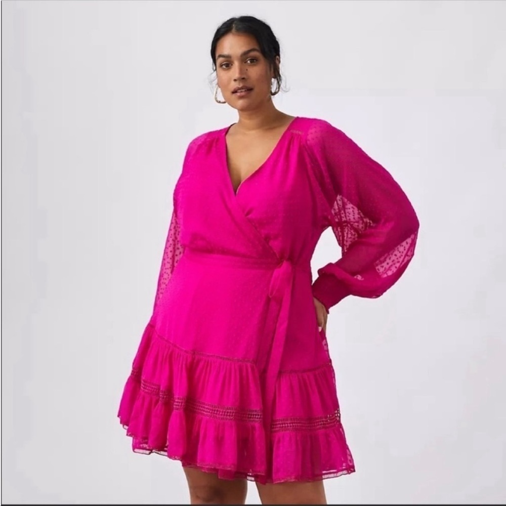 Anthropologie Not So Serious Pink Lace Wrap Mini Dress Small Long Sleeve